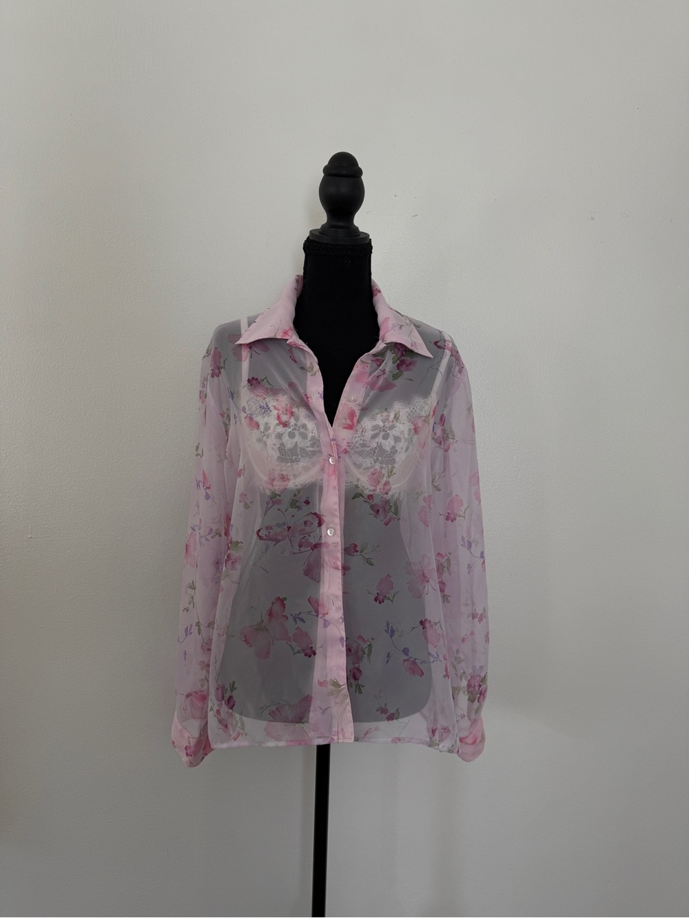 Sheer Pink Floral Button-Up Blouse